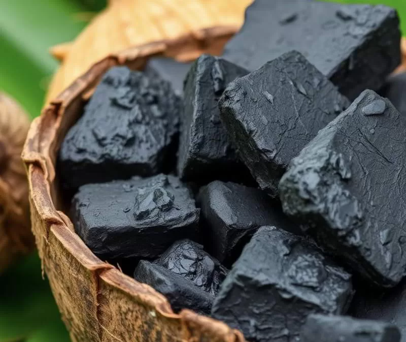 Charcoal pieces in coconut shell